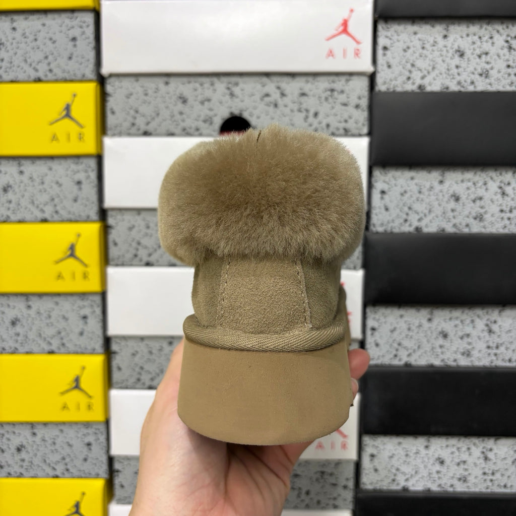 UGG Fluffy-Collar Platform Slip-On Shoes in Antelope Brown