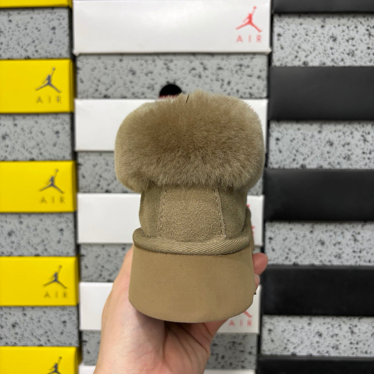 UGG Fluffy-Collar Platform Slip-On Shoes in Antelope Brown