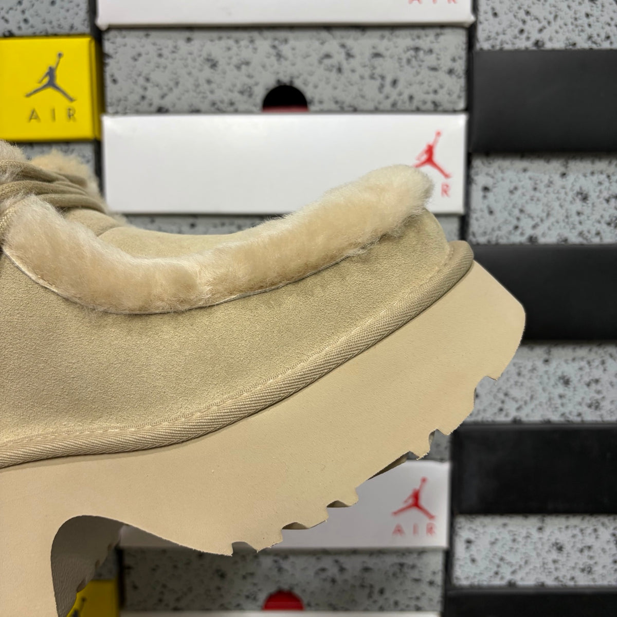 UGG Fluffy-Trim Platform Ankle Boots in Sand