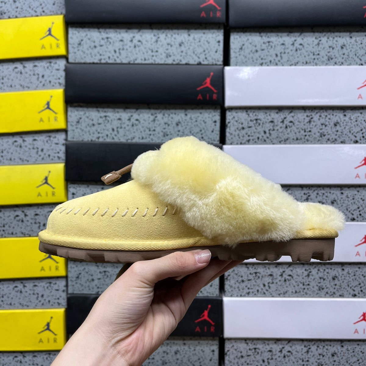 UGG Fluffy-Collar Slippers in Soft Yellow