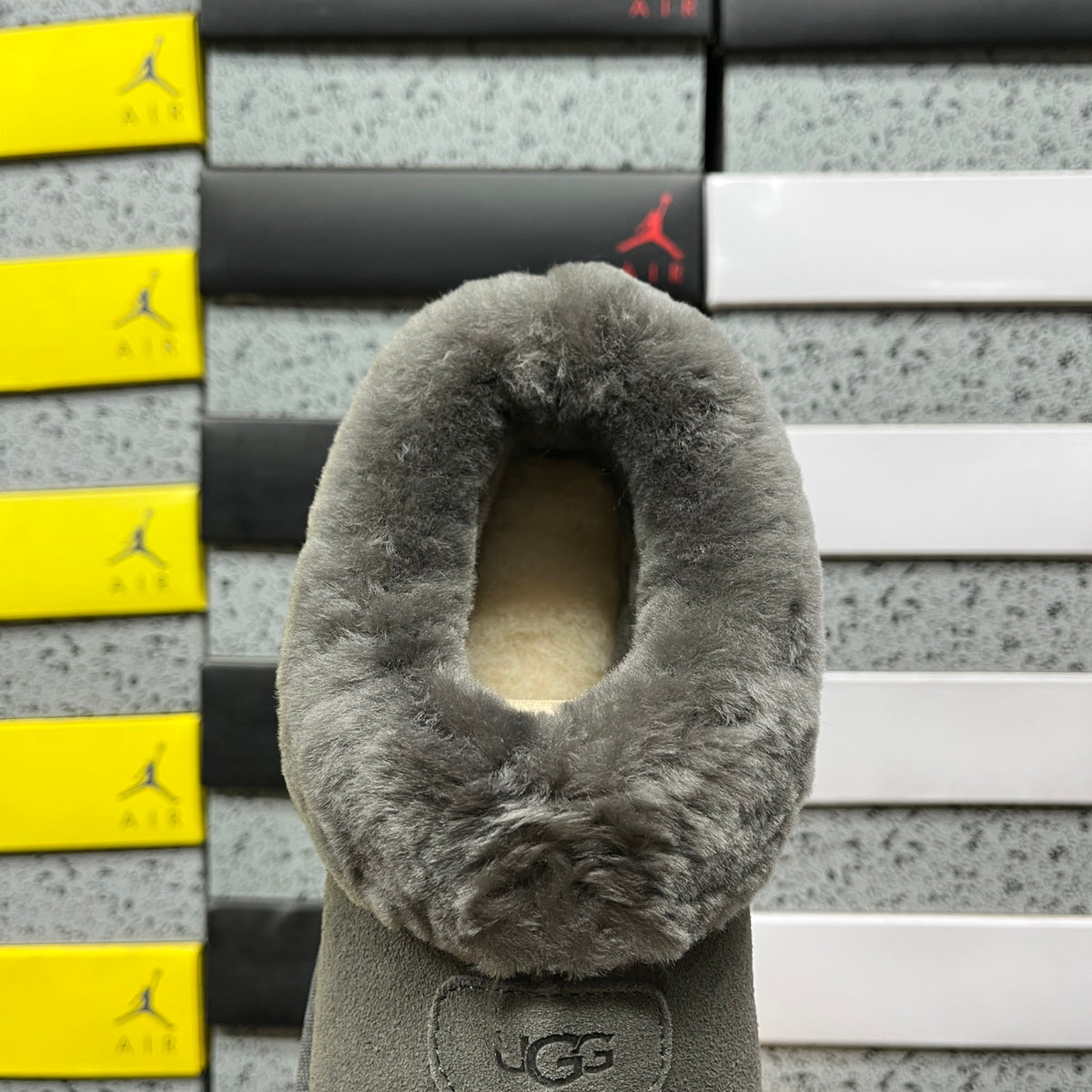 UGG Fluffy-Collar Slip-On Shoes in Grey