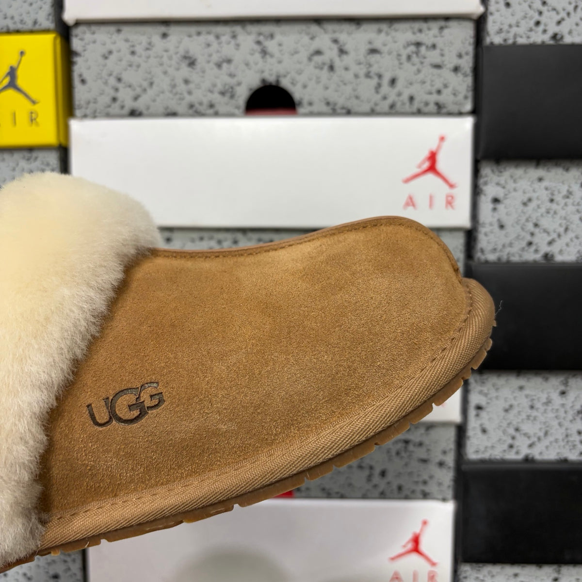 UGG Fluffy-Collar Mule Slippers in Chestnut