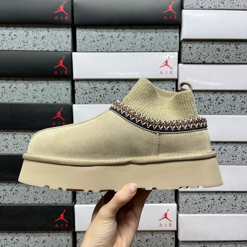 UGG Knit-Collar Platform Ankle Boots in Mustard Seed