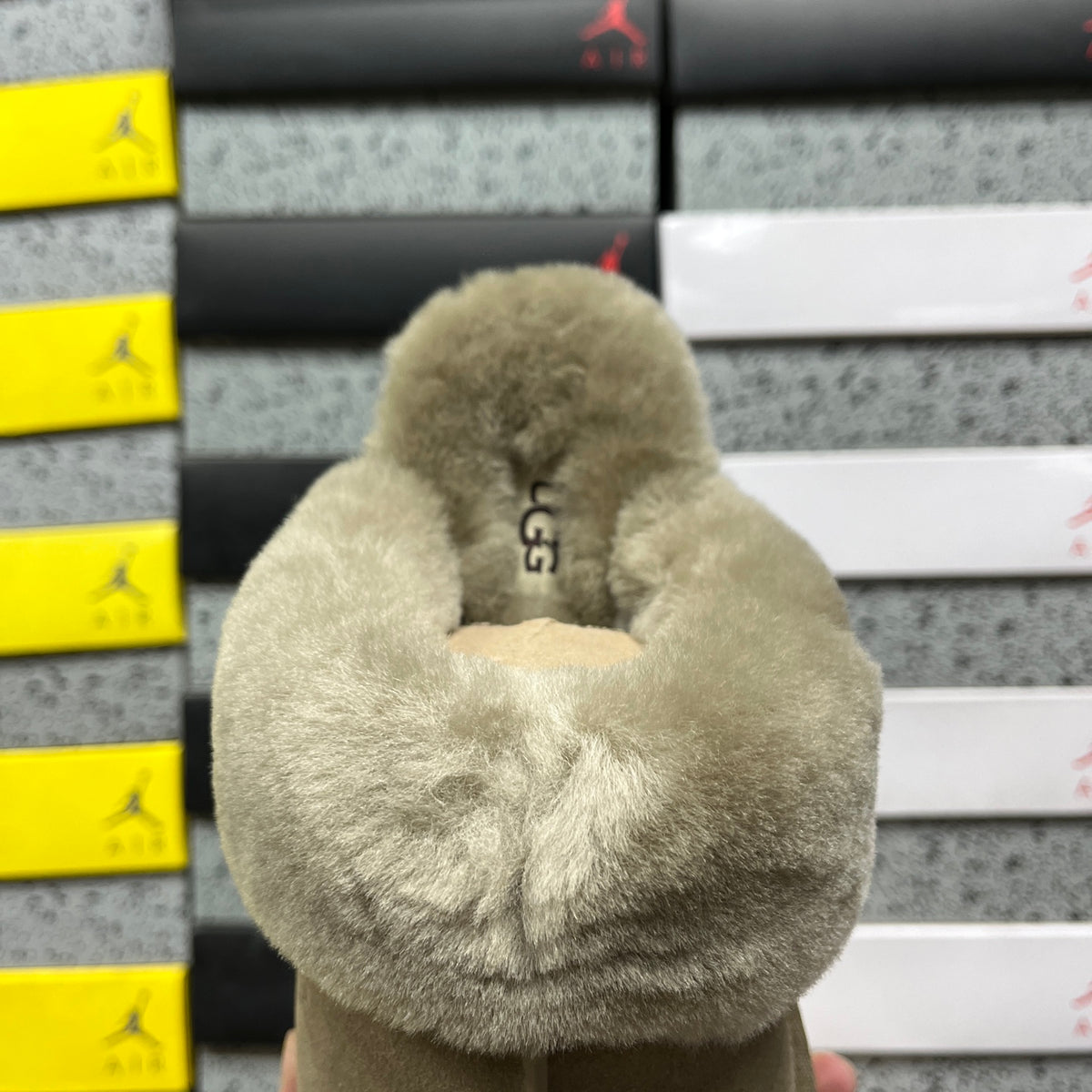 UGG Fluffy-Collar Platform Slippers in Antelope Brown