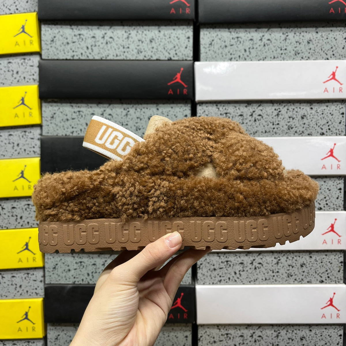 UGG Fluffy Cross-Strap Platform Sandals in Chestnut