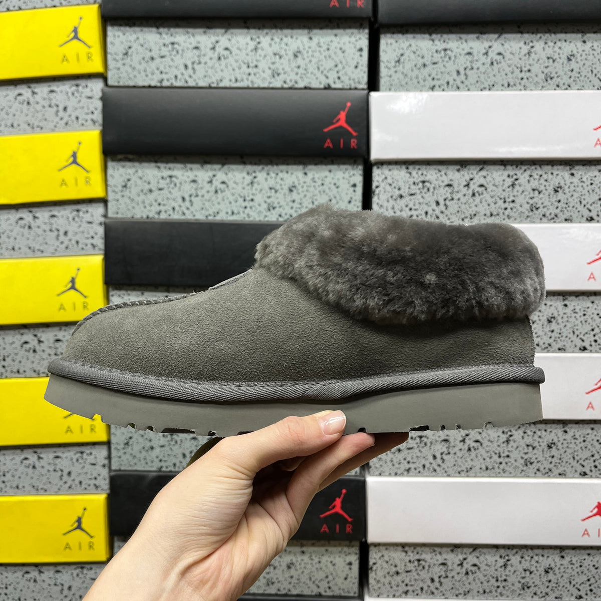 UGG Fluffy-Collar Slip-On Shoes in Grey
