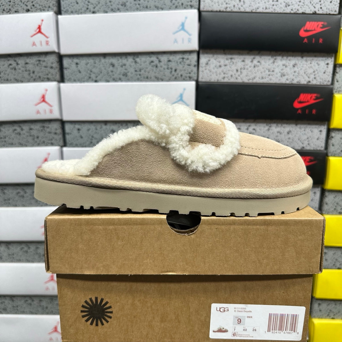 UGG Embroidered Fluffy-Trim Mule Slippers in Khaki