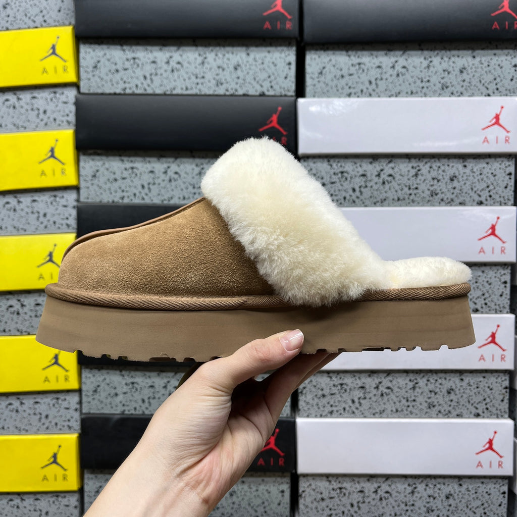UGG Fluffy-Collar Platform Slippers in Chestnut