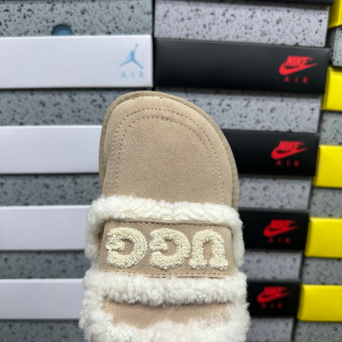 UGG Embroidered Fluffy-Trim Mule Slippers in Khaki