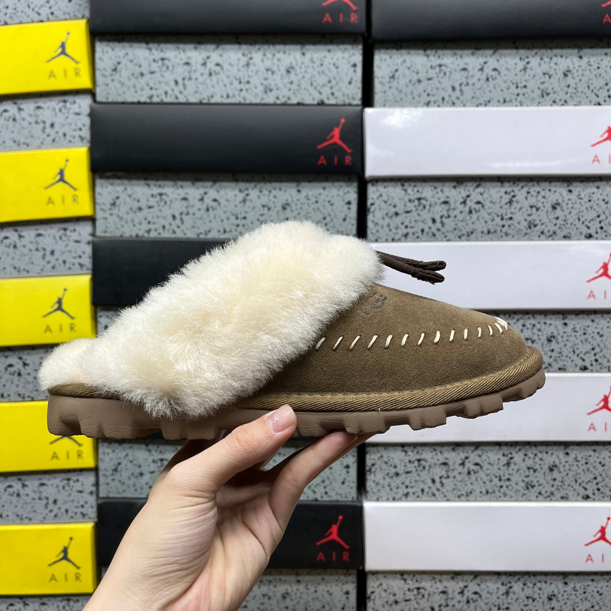 UGG Fluffy-Collar Slippers in Light Bronze