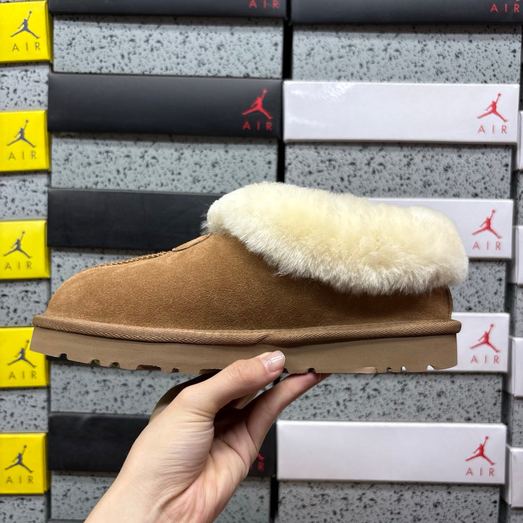 UGG Fluffy-Collar Slip-On Shoes in Chestnut