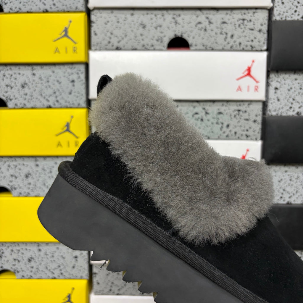 UGG Fluffy-Collar Platform Slip-On Shoes in Black & Grey