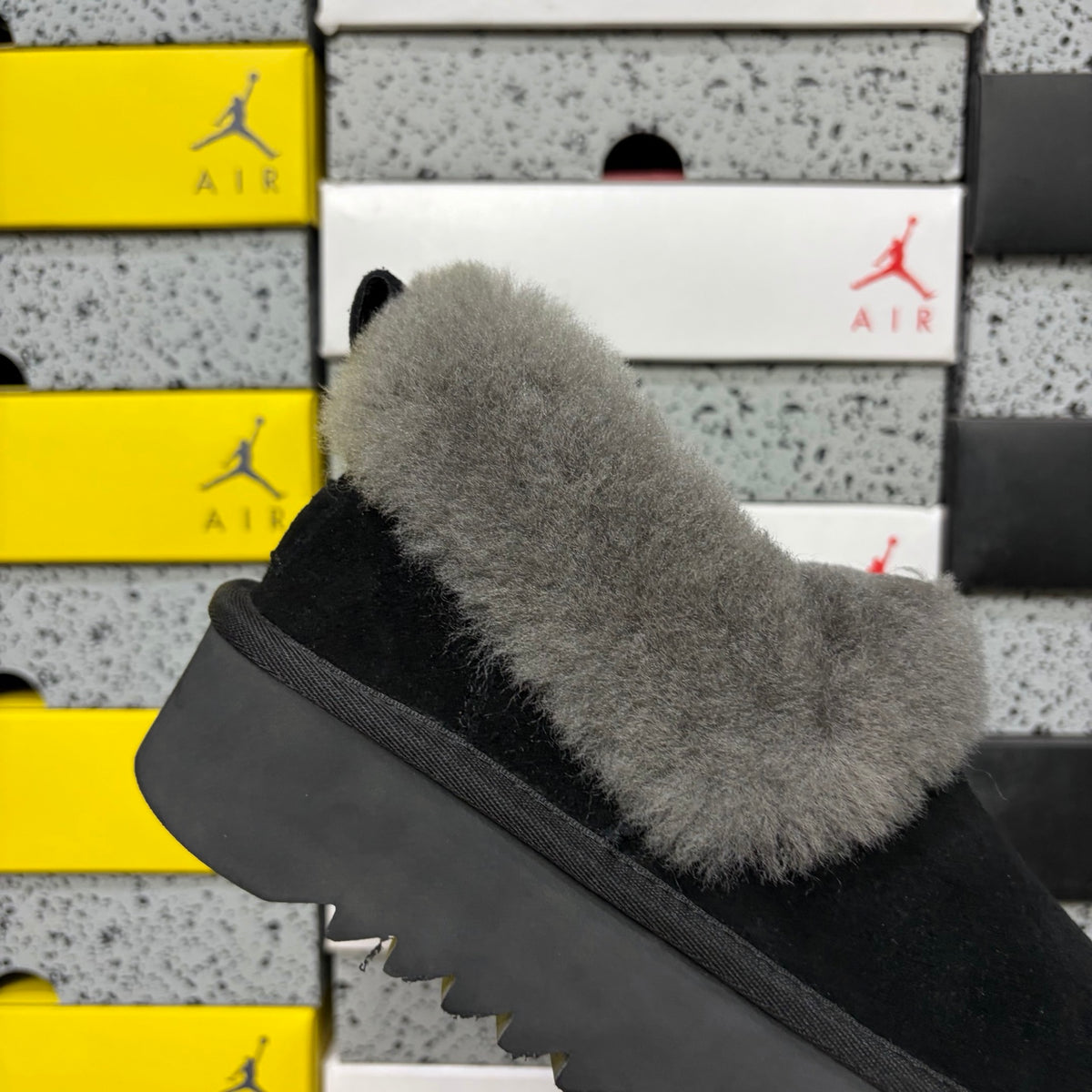 UGG Fluffy-Collar Platform Slip-On Shoes in Black & Grey