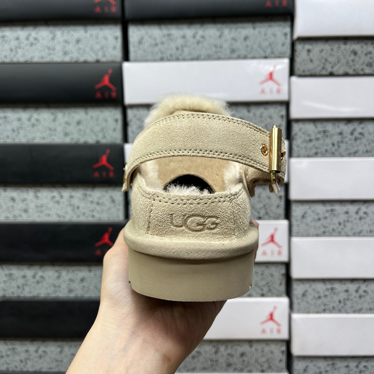 UGG Fleece-Lined Buckle-Strap Clogs in Sand