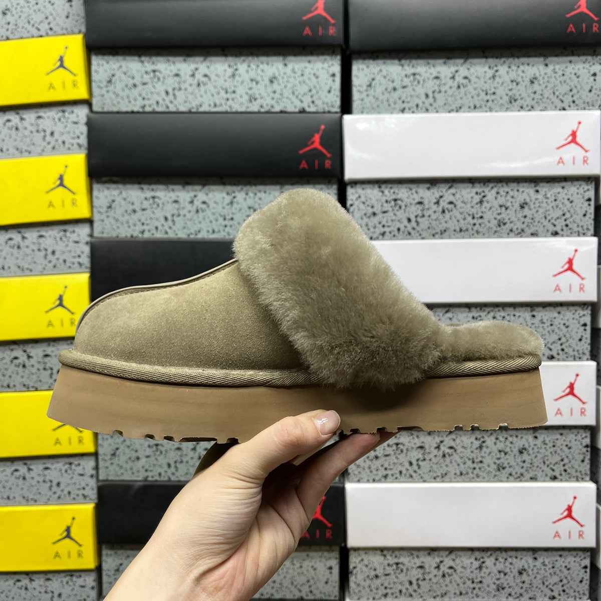 UGG Fluffy-Collar Platform Slippers in Antelope Brown
