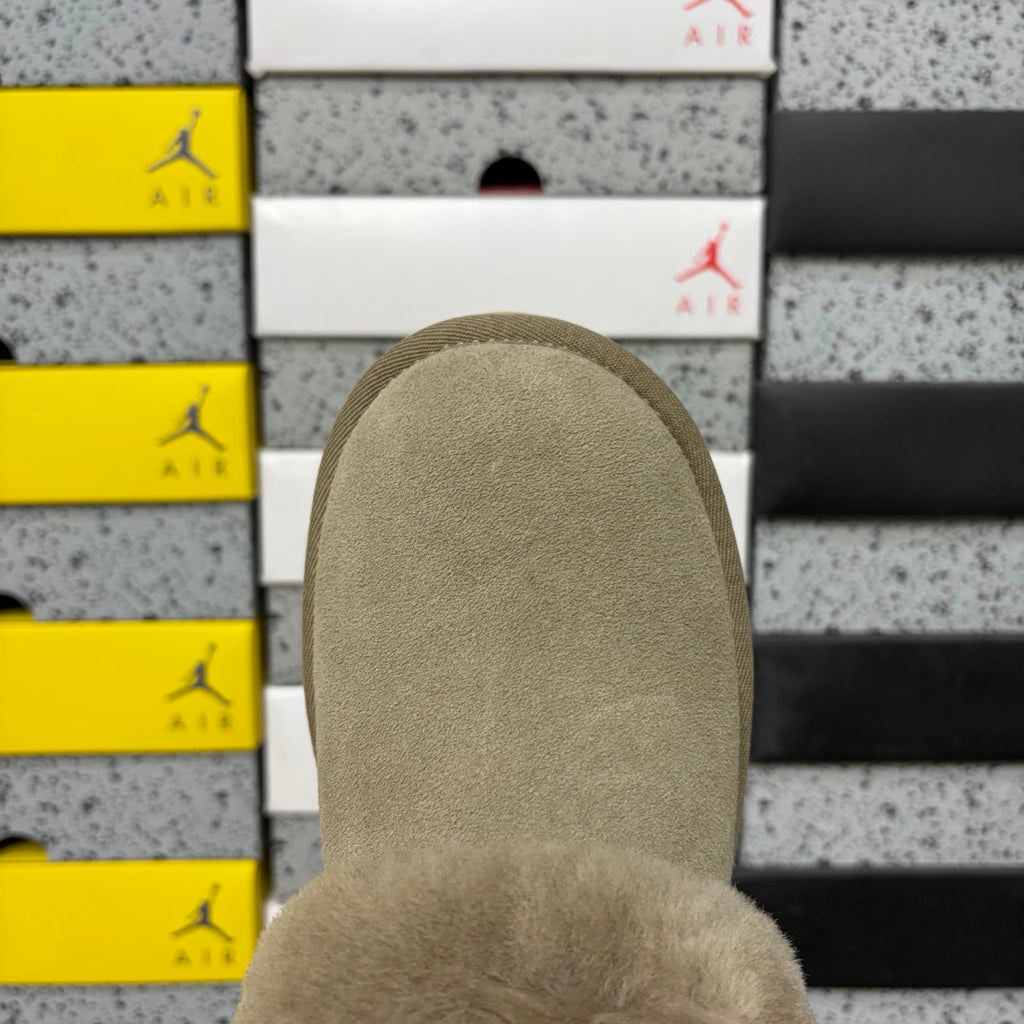 UGG Fluffy-Collar Platform Slip-On Shoes in Taupe Brown