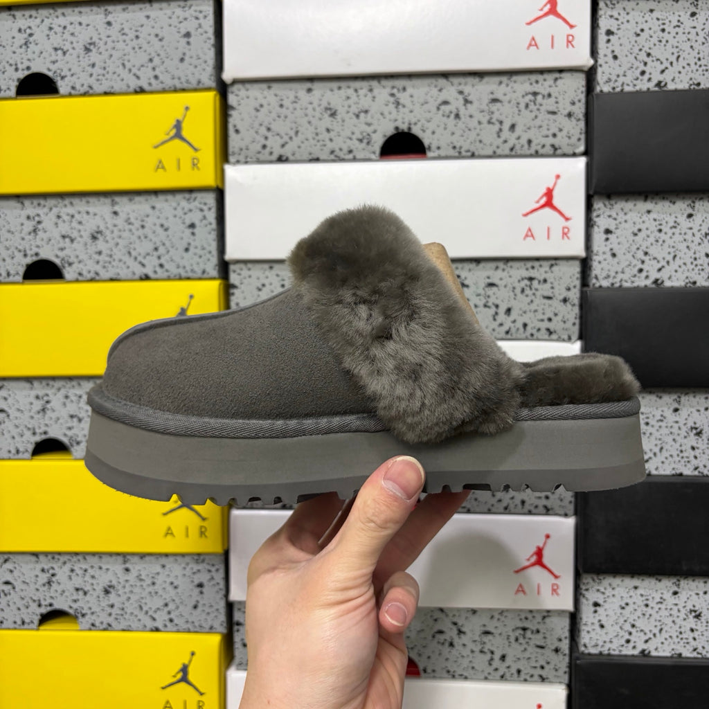 UGG Gray Platform Slippers with Fluffy Collar – 3 cm