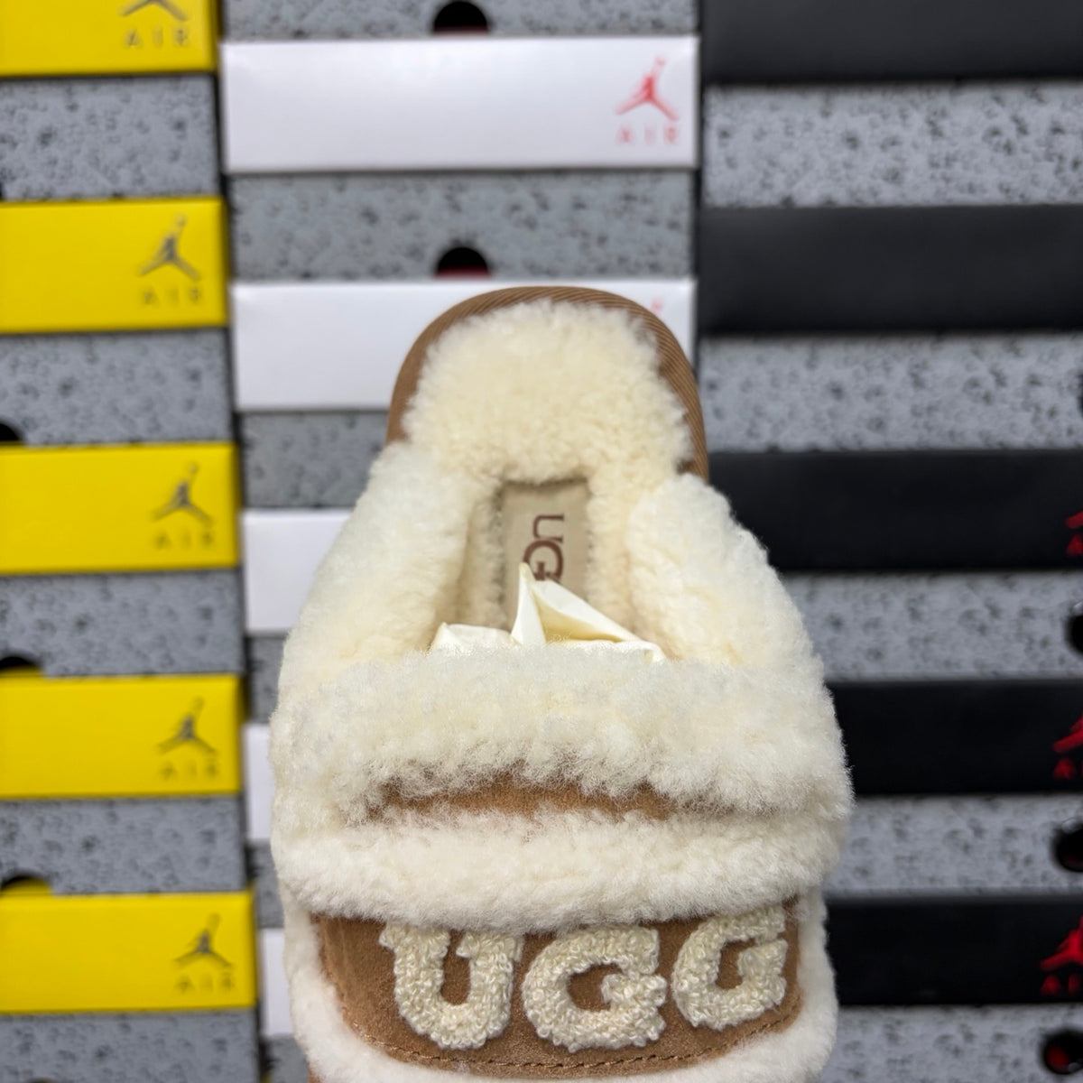 UGG Embroidered Fluffy-Trim Mule Slippers in Chestnut
