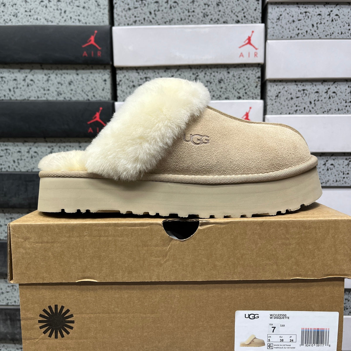 UGG Fluffy-Collar Platform Slippers in Sand