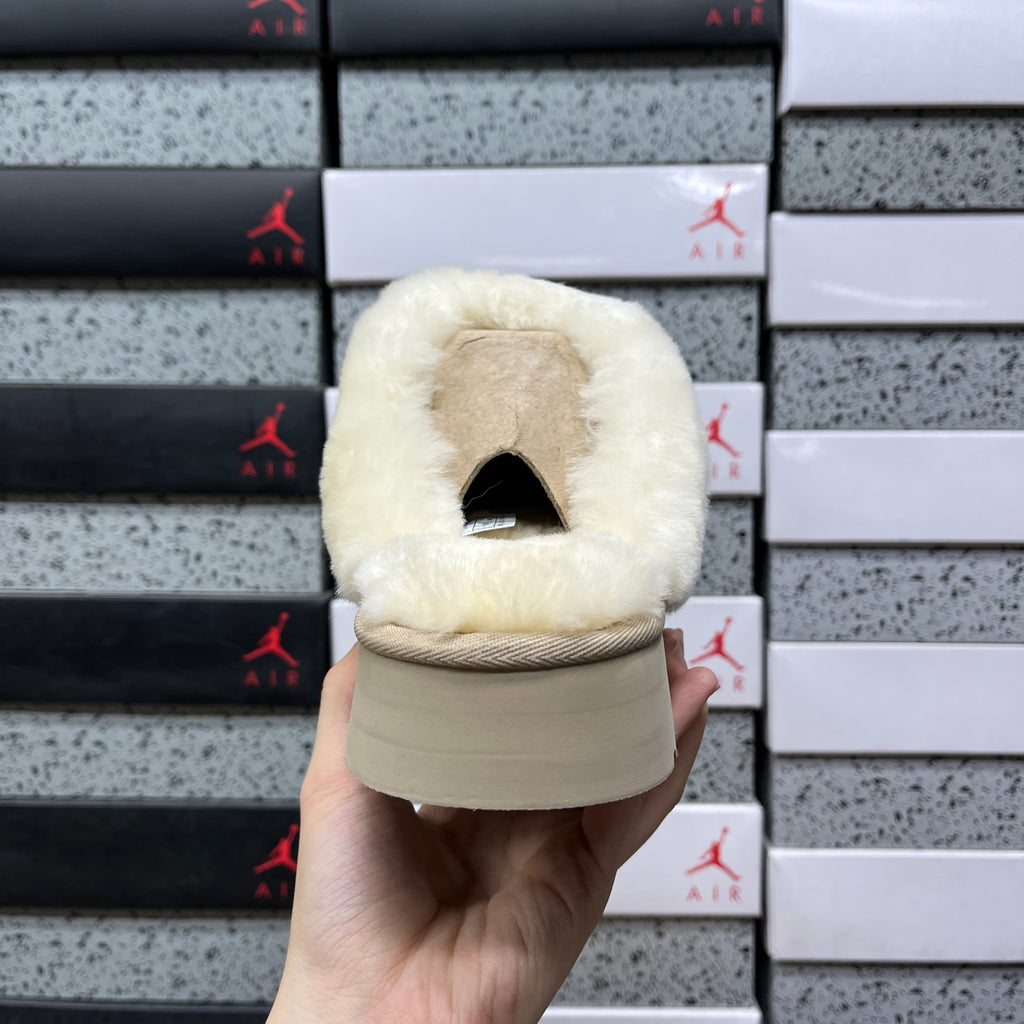 UGG Fluffy-Collar Platform Slippers in Sand