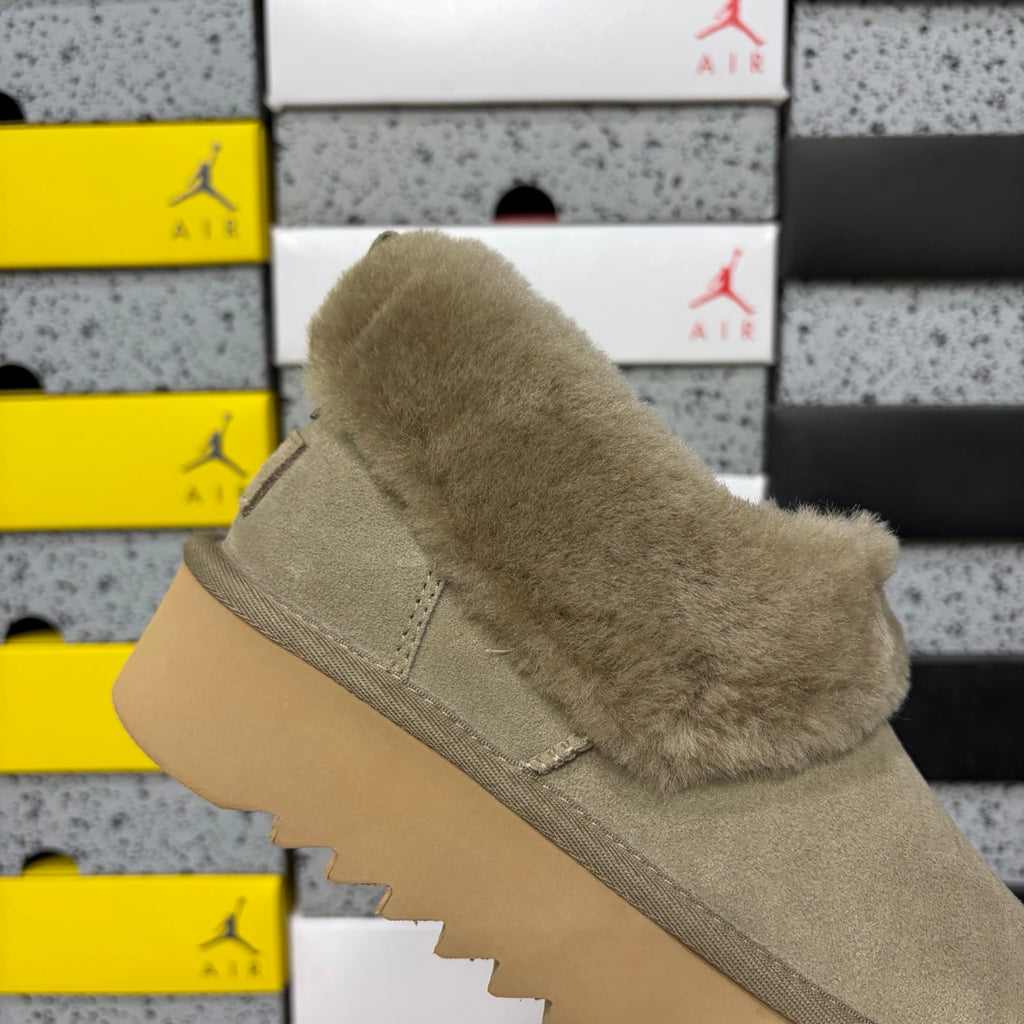 UGG Fluffy-Collar Platform Slip-On Shoes in Taupe Brown