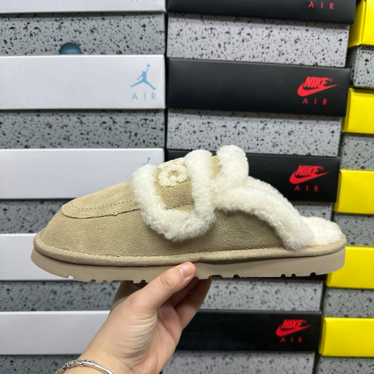 UGG Embroidered Fluffy-Trim Mule Slippers in Sand