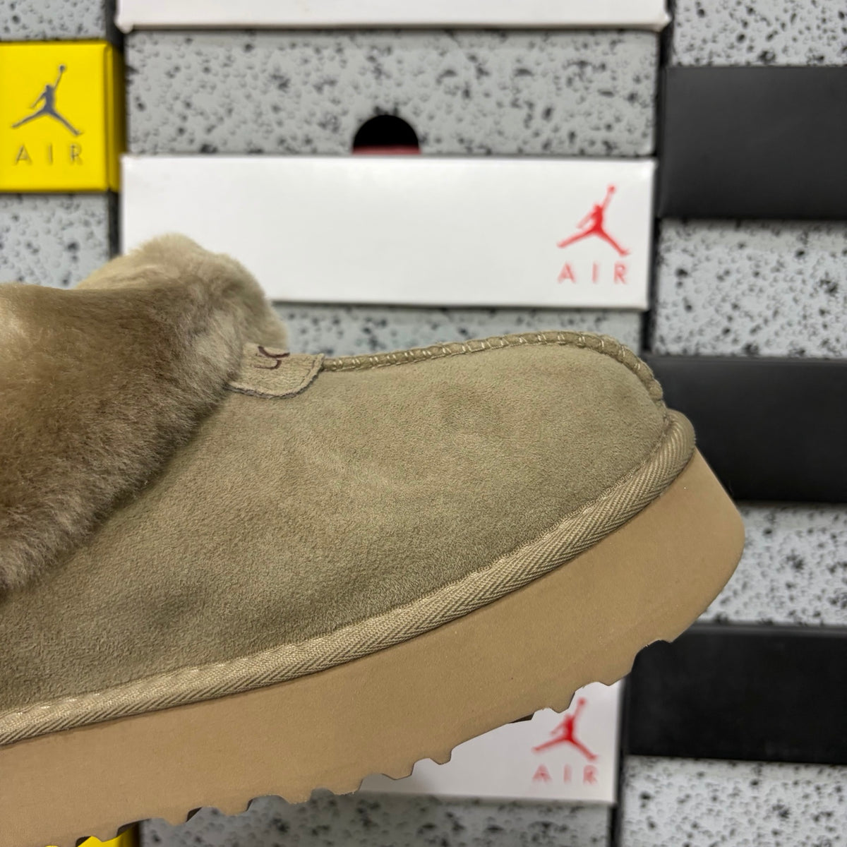 UGG Fluffy-Collar Platform Slip-On Shoes in Antelope Brown