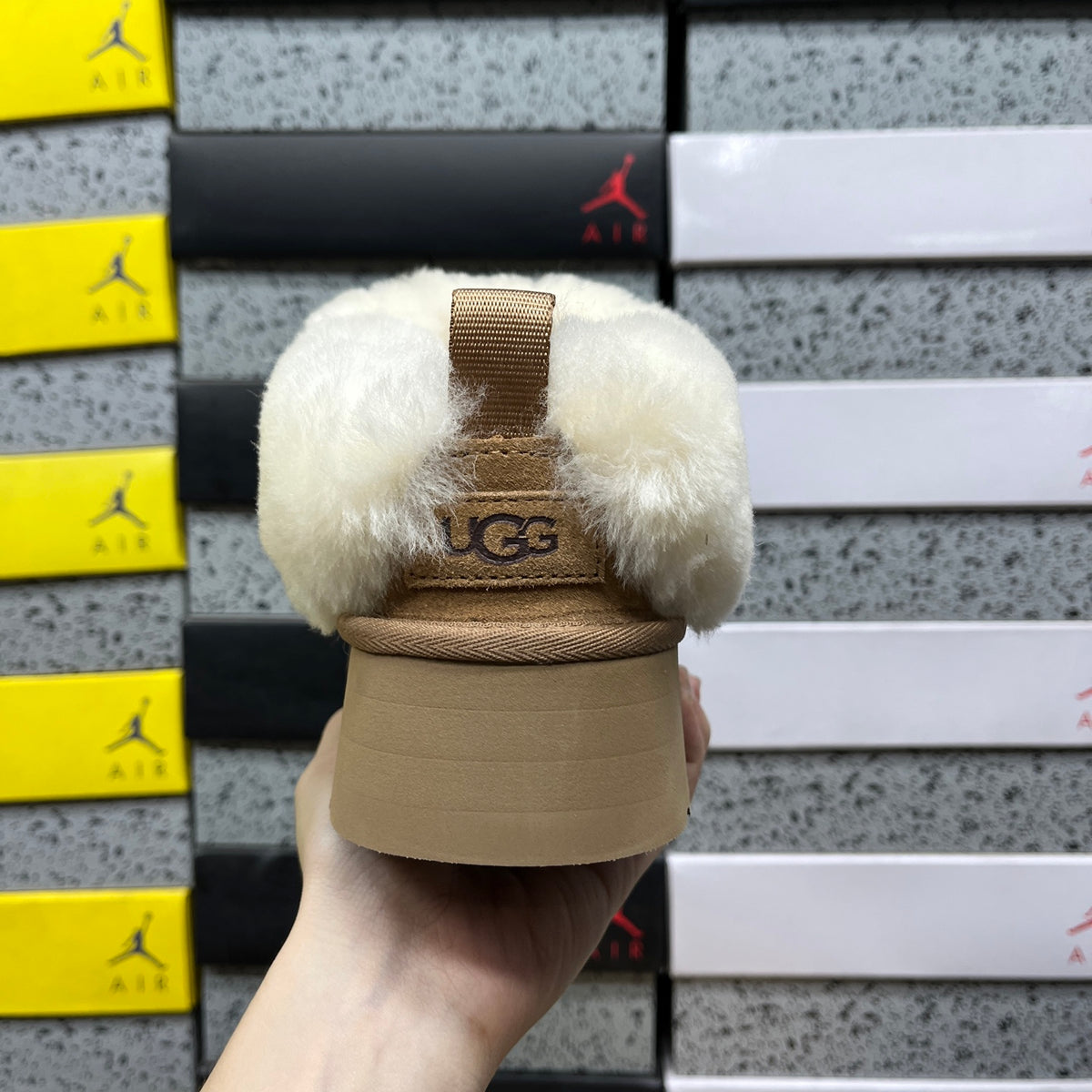 UGG Fluffy-Collar Platform Ankle Boots in Chestnut