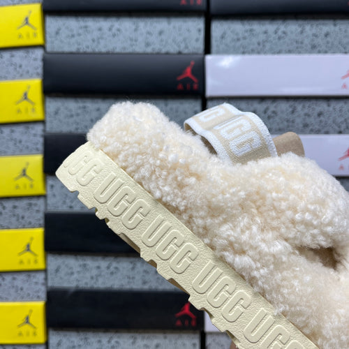 UGG Fluffy Cross-Strap Platform Sandals in Cream