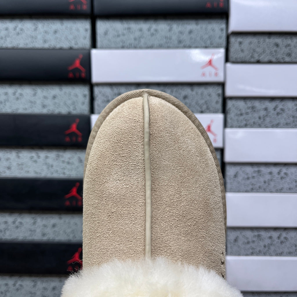 UGG Fluffy-Collar Platform Slippers in Sand