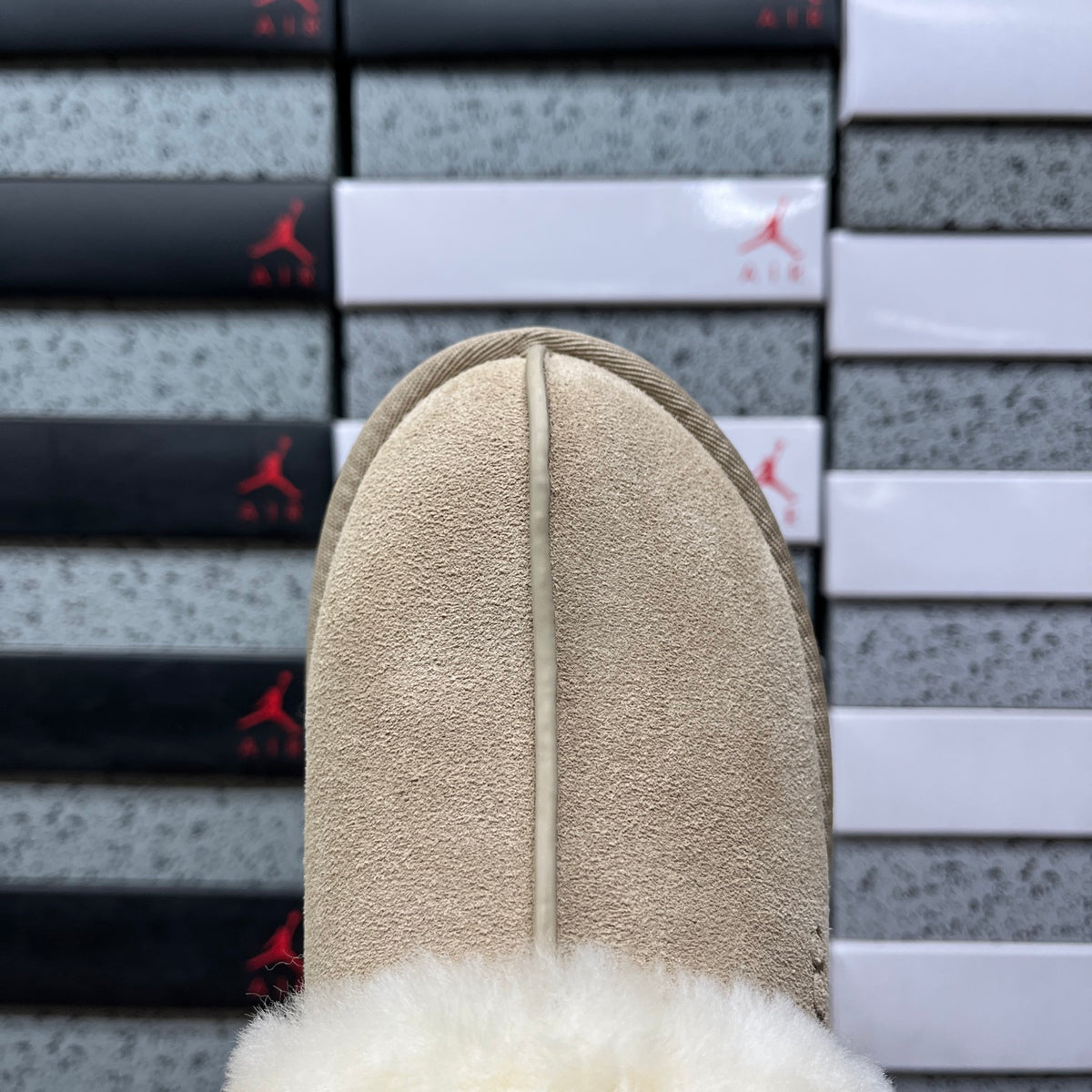 UGG Fluffy-Collar Platform Slippers in Sand