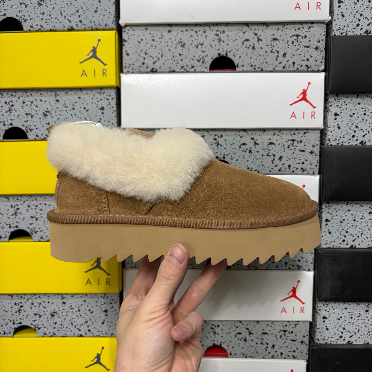 UGG Fluffy-Collar Platform Slip-On Shoes in Chestnut & Cream