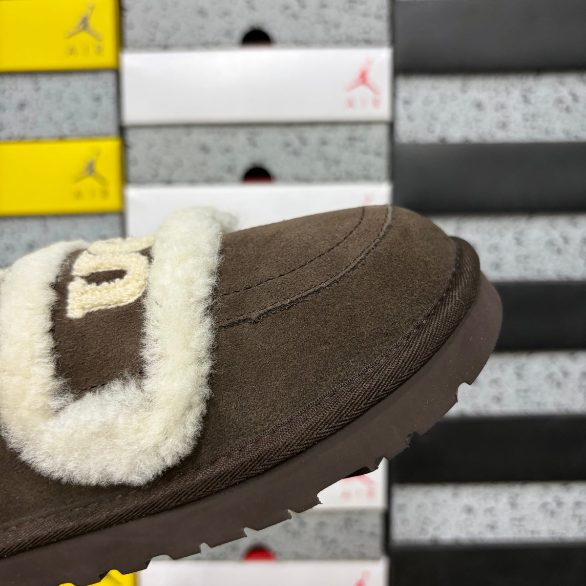 UGG Embroidered Fluffy-Trim Mule Slippers in Chocolate Brown