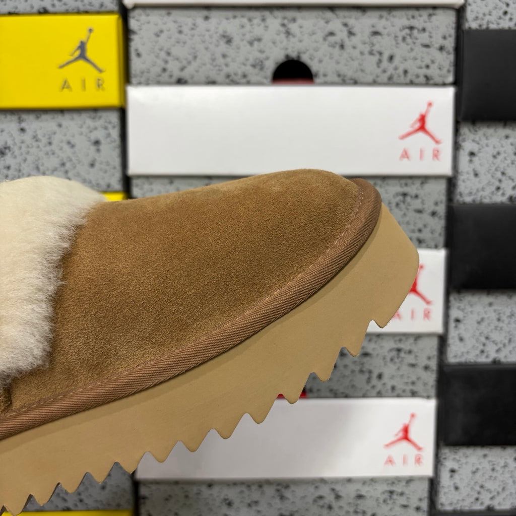 UGG Fluffy-Collar Platform Slip-On Shoes in Chestnut & Cream